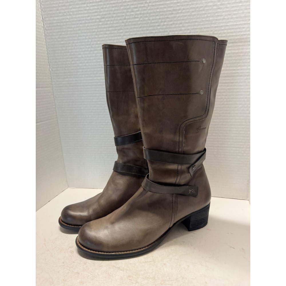 Dorking by Fluchos Taupe Brown Leather Tall Zip Block Heel Boots Spain Size 40